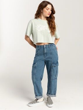 Vans Sidewalk Denim Cargo Pants Jeans Hogh Rise Wide Leg 100% Cotton Large